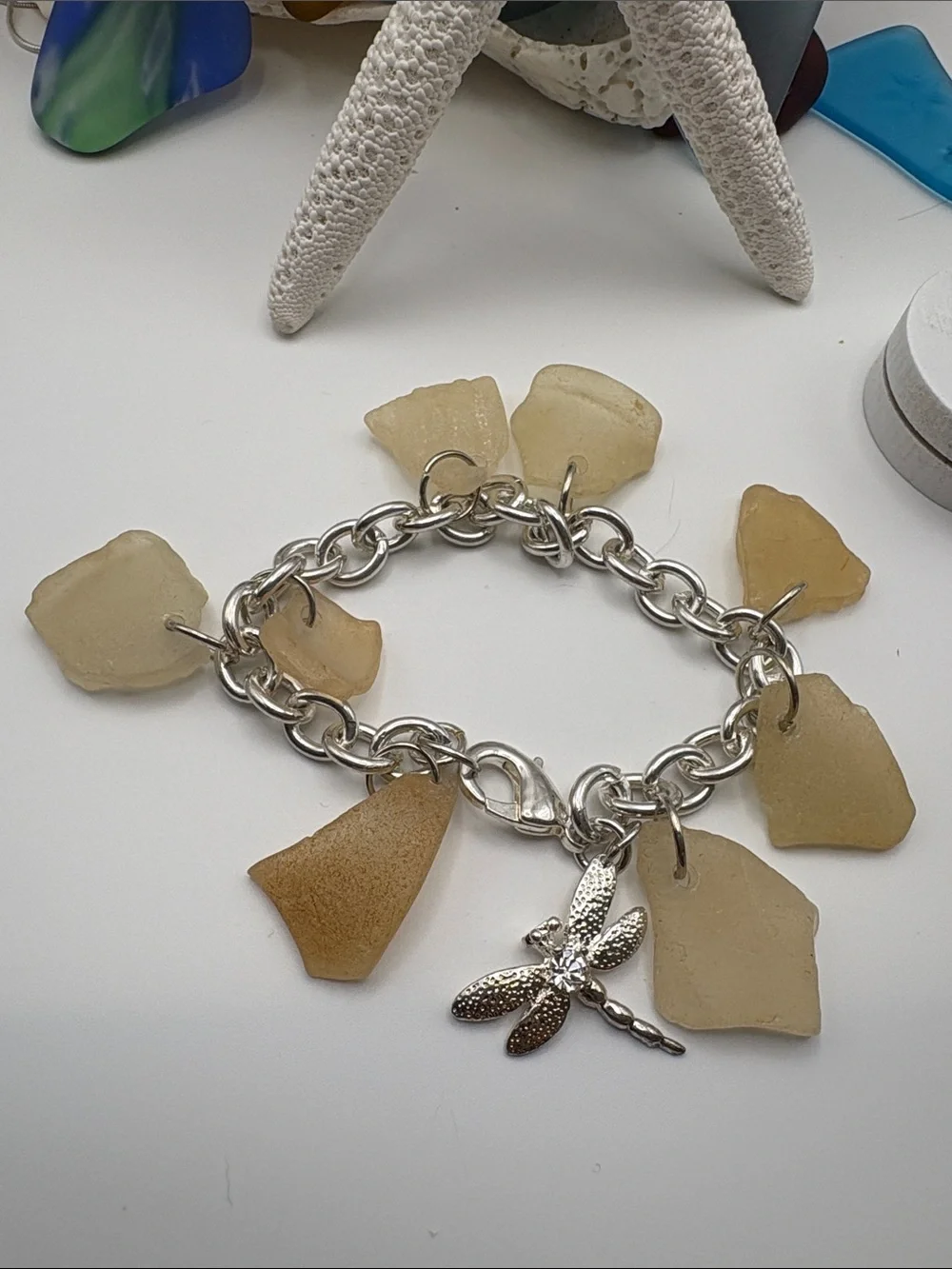 Sea Glass Dragonfly Charm Bracelet - Cream/Tan